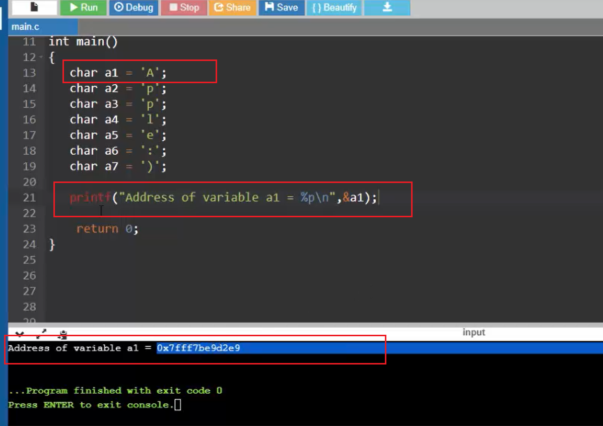How to print the Memory location address of a variables in C?