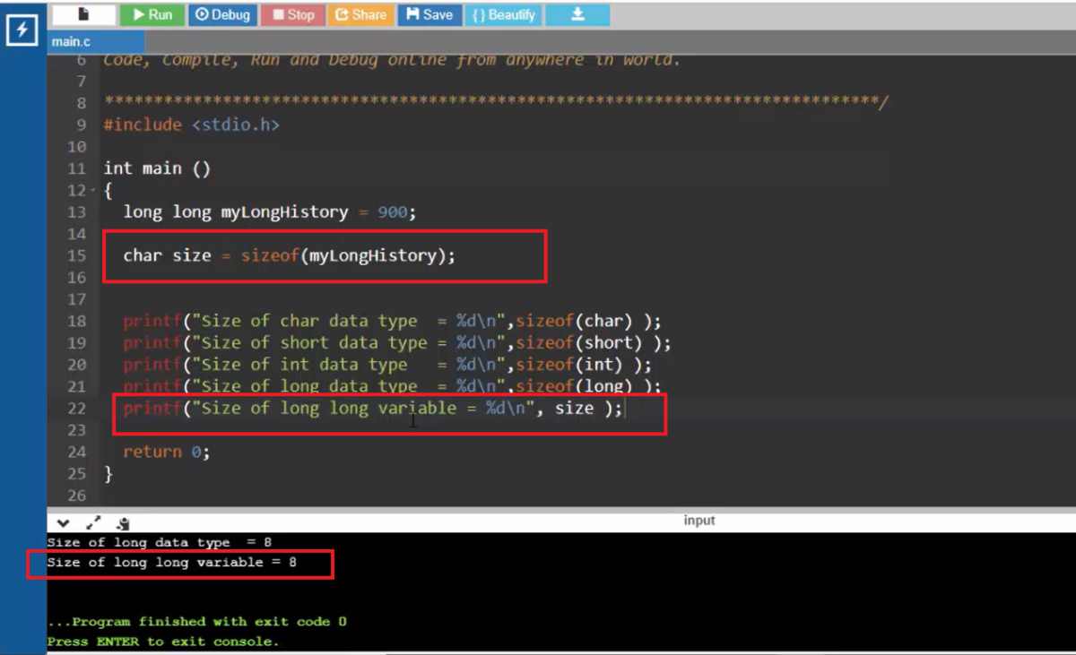 sizeof operator in C: Finding Variable Sizes Exercise and solution