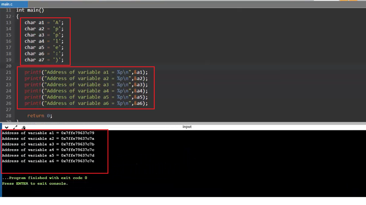 How to print the Memory location address of a variables in C?