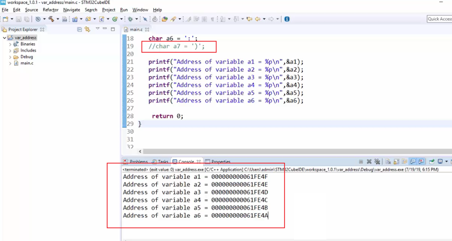 How to print the Memory location address of a variables in C?