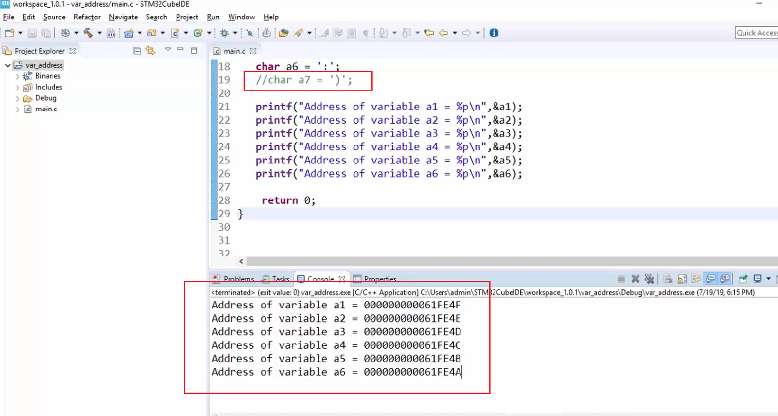How to print the Memory location address of a variables in C?