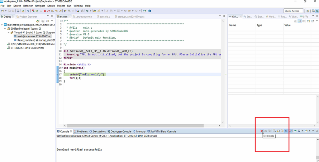 Terminate Button Troubleshooting Debugging Issues in STM32CubeIDE