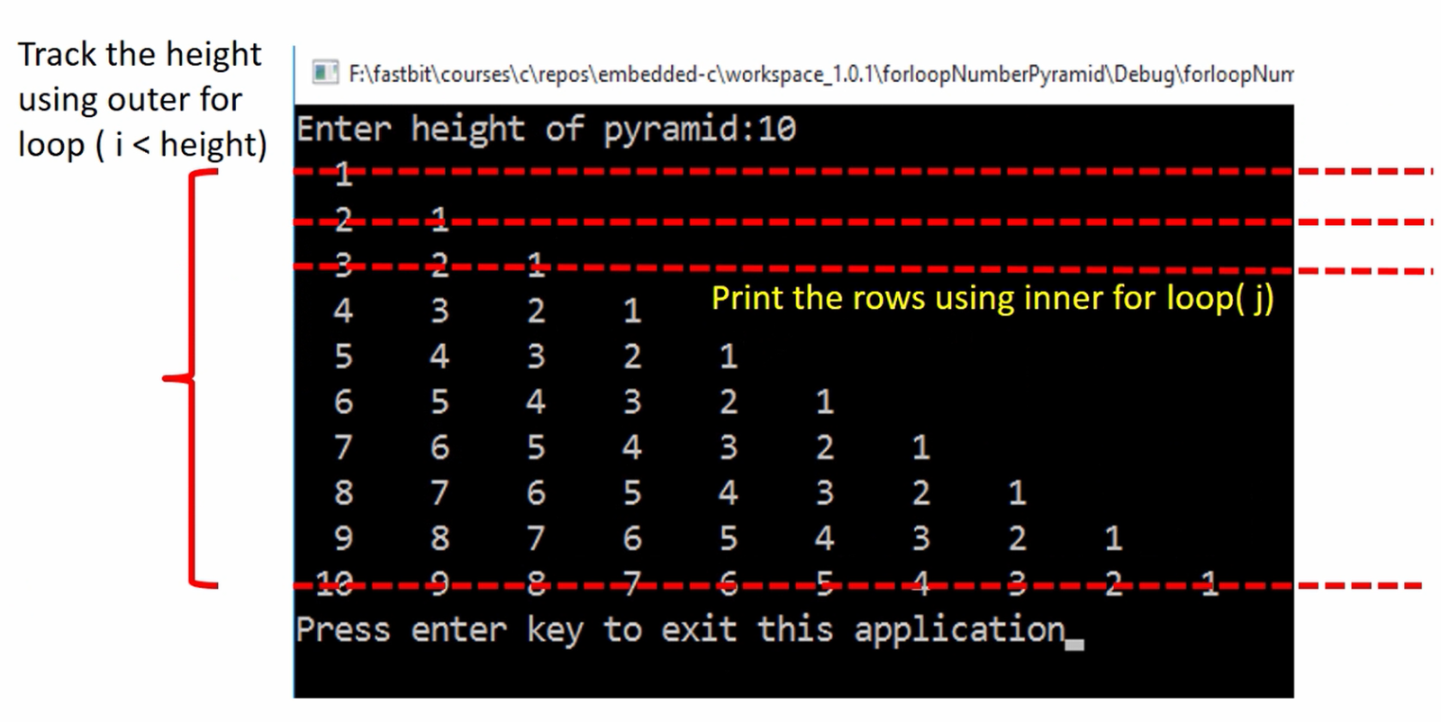 C Programming Exercise: Number Pyramid Using 'for' Loops