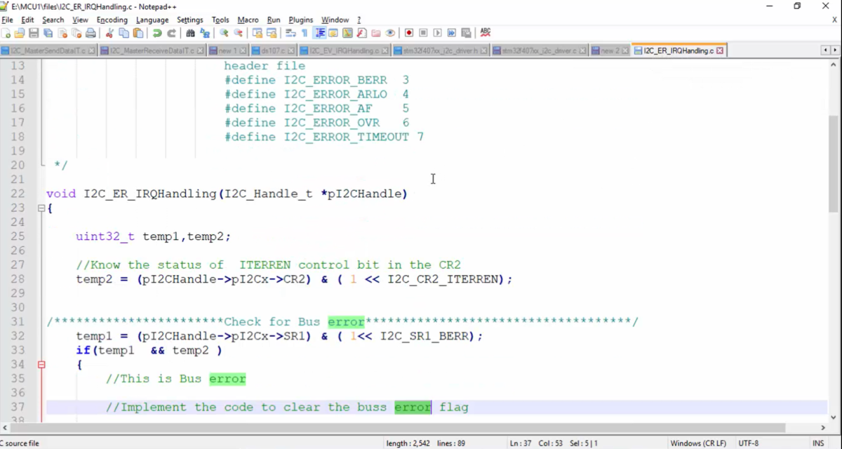 STM32 I2C Lecture 52: I2C error IRQ handler implementation