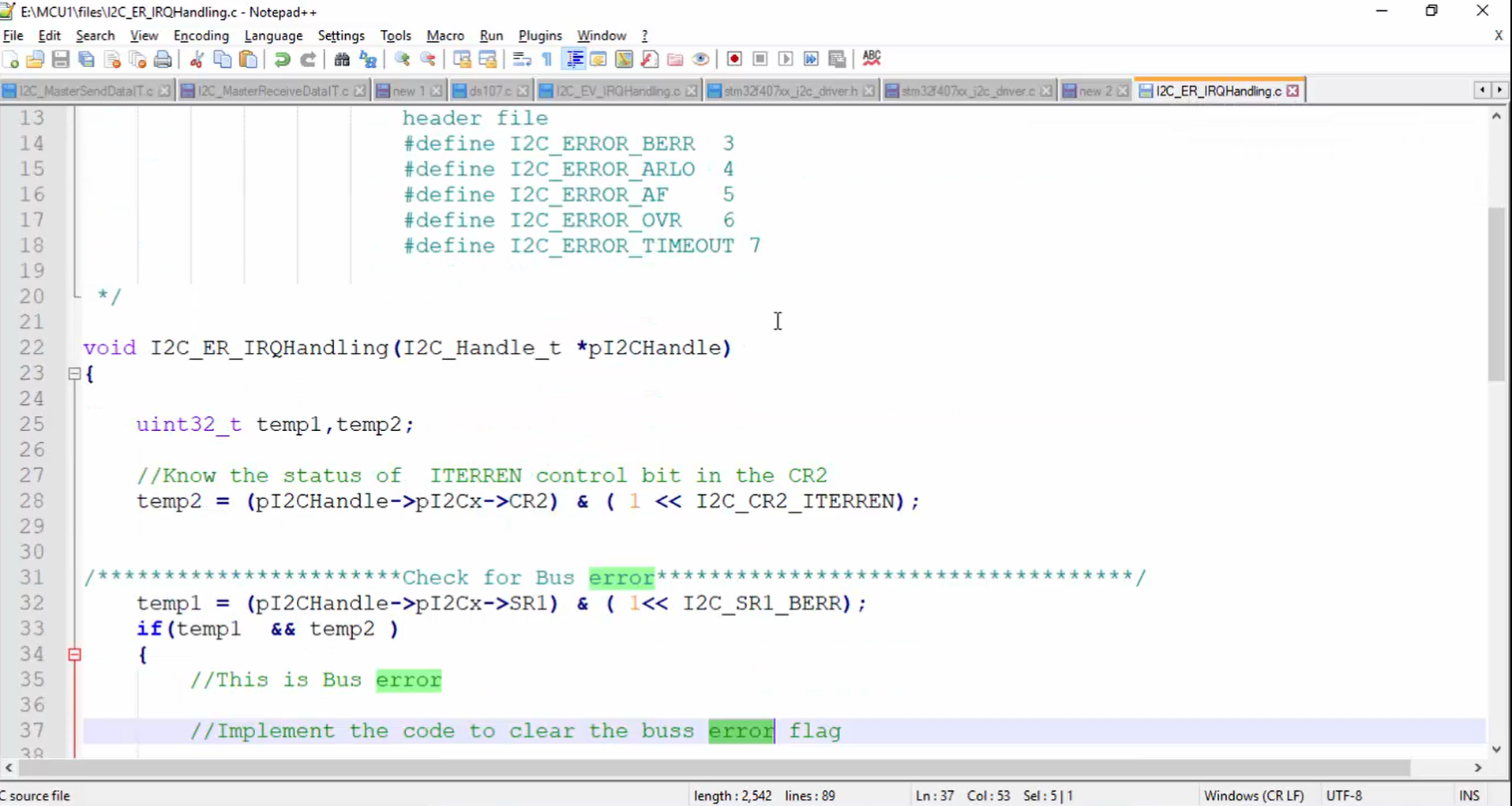 I2C error IRQ handler implementation