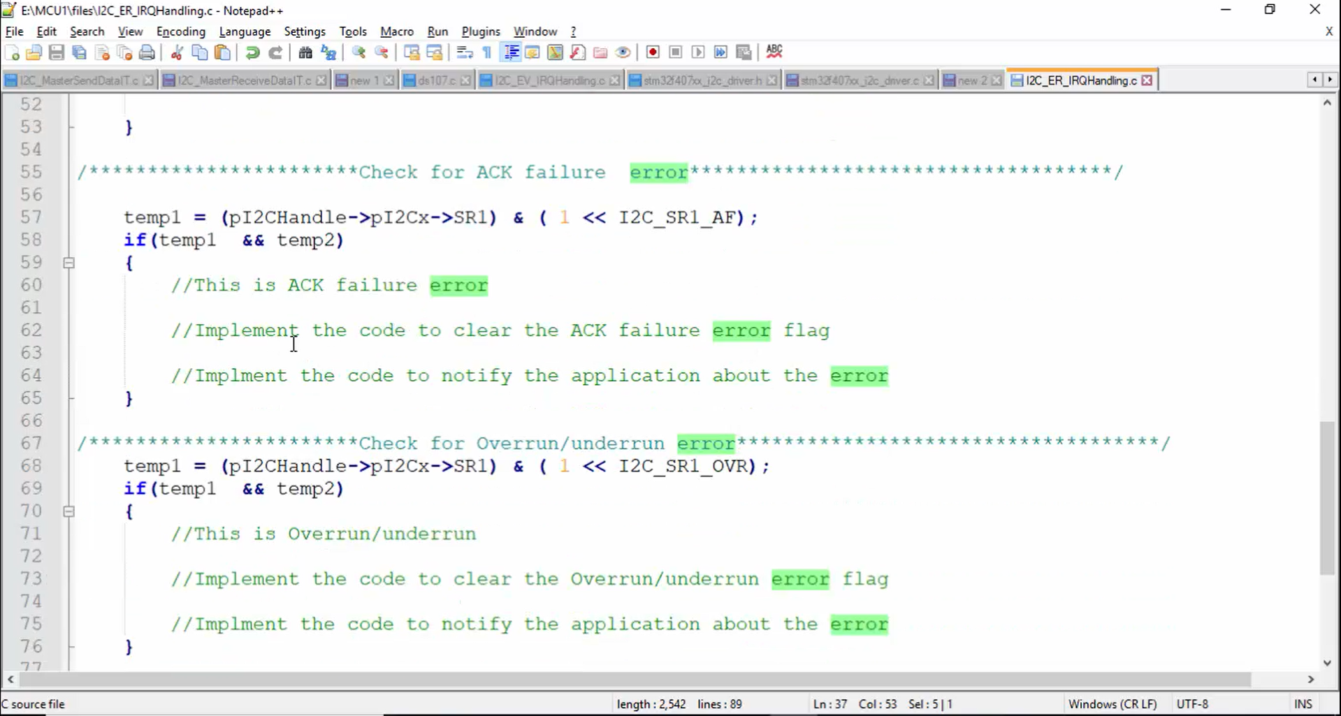 I2C error IRQ handler implementation