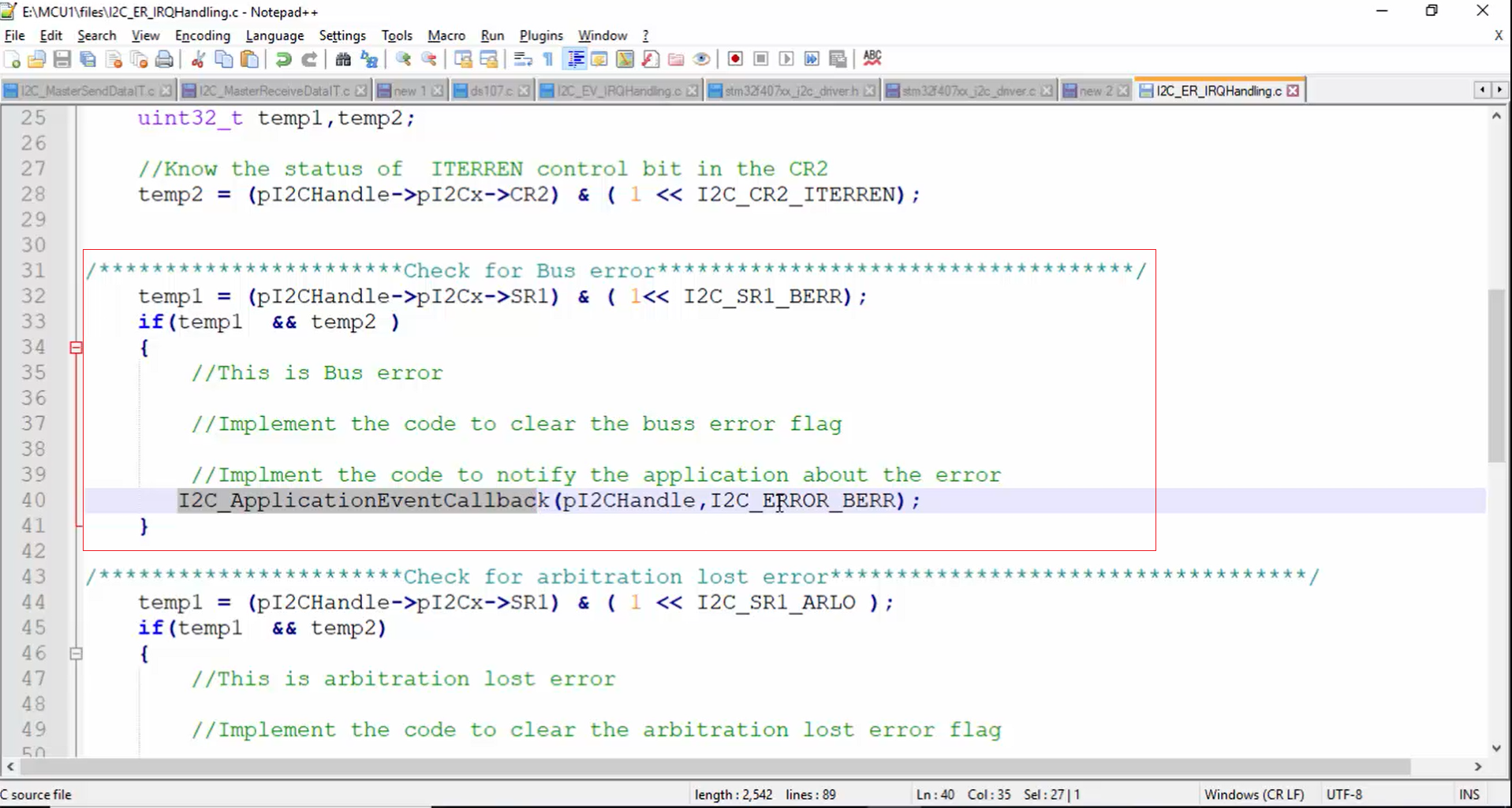 I2C error IRQ handler implementation