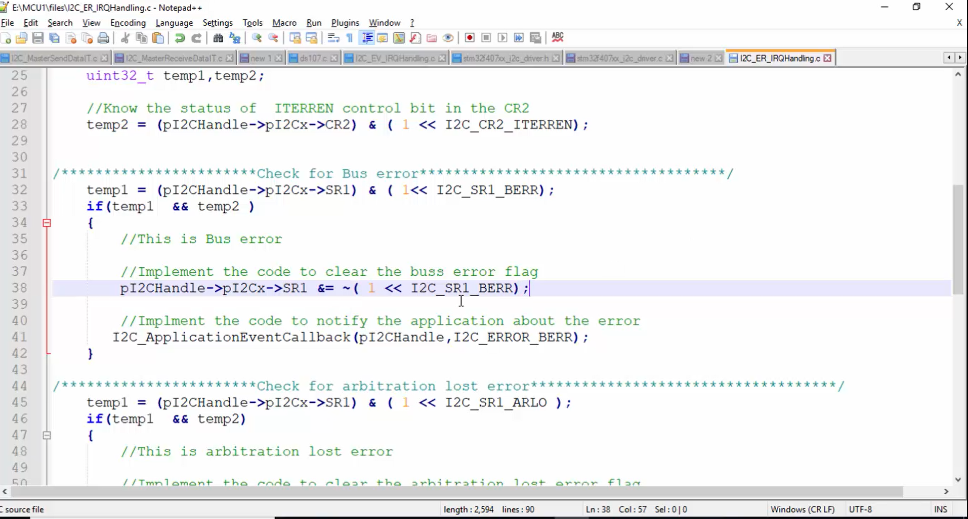 I2C error IRQ handler implementation