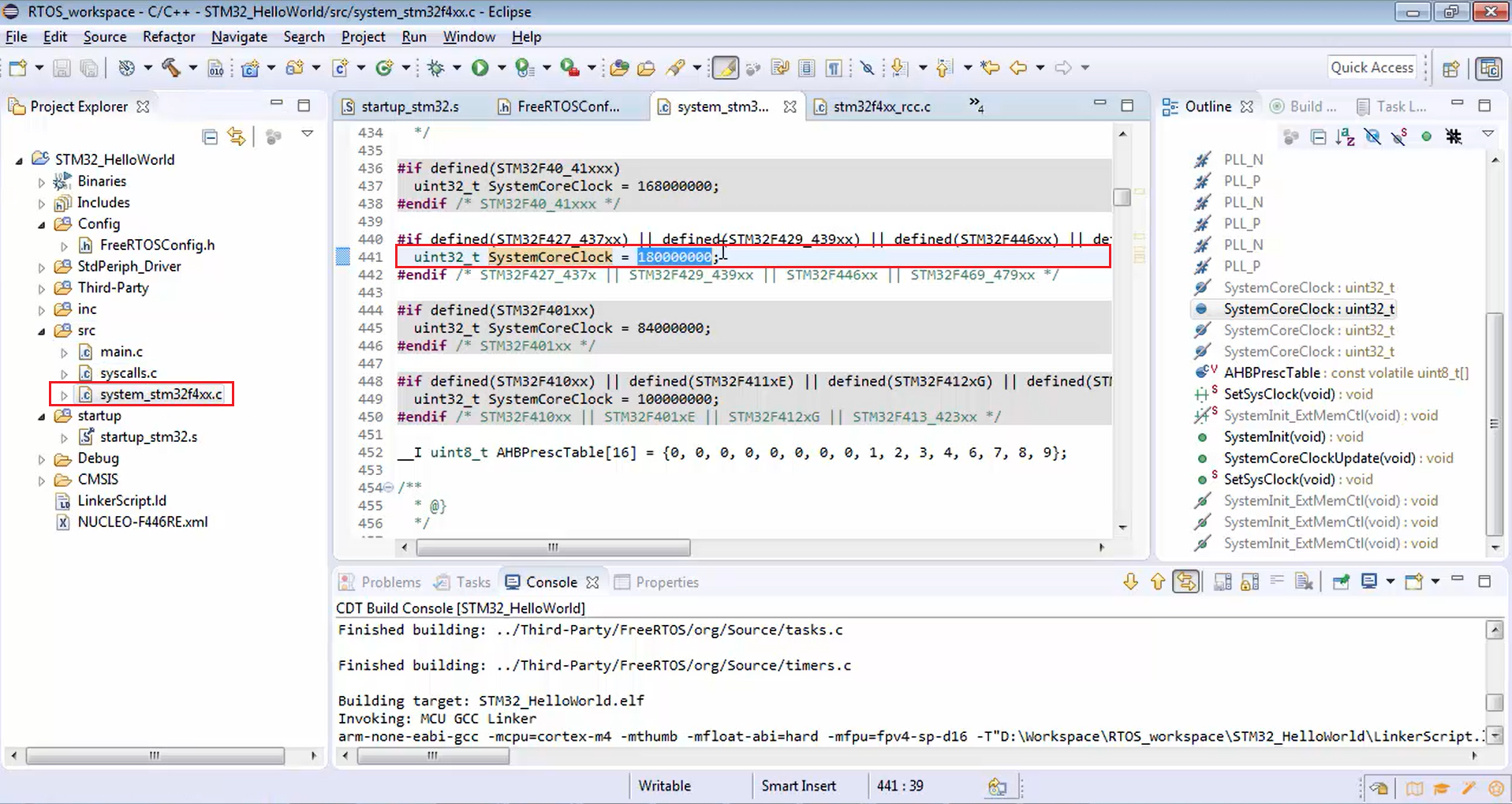 definition of SystemCoreClock variable in the system_stm32F4x.c file