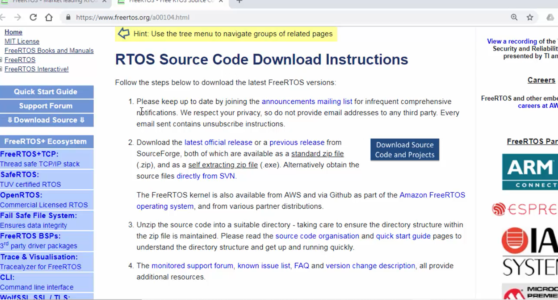 Web page to download RTOS source code