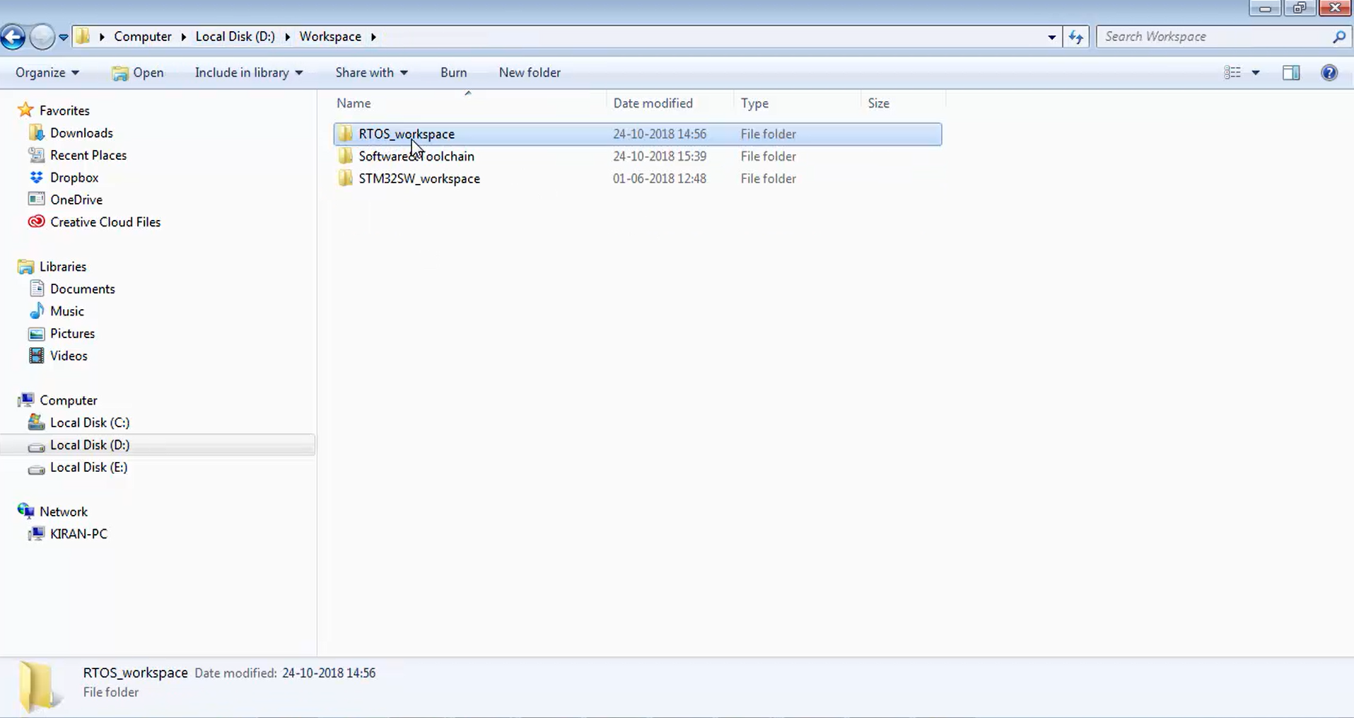 Creation of a folder named RTOS_workspace- STM32 MCUs