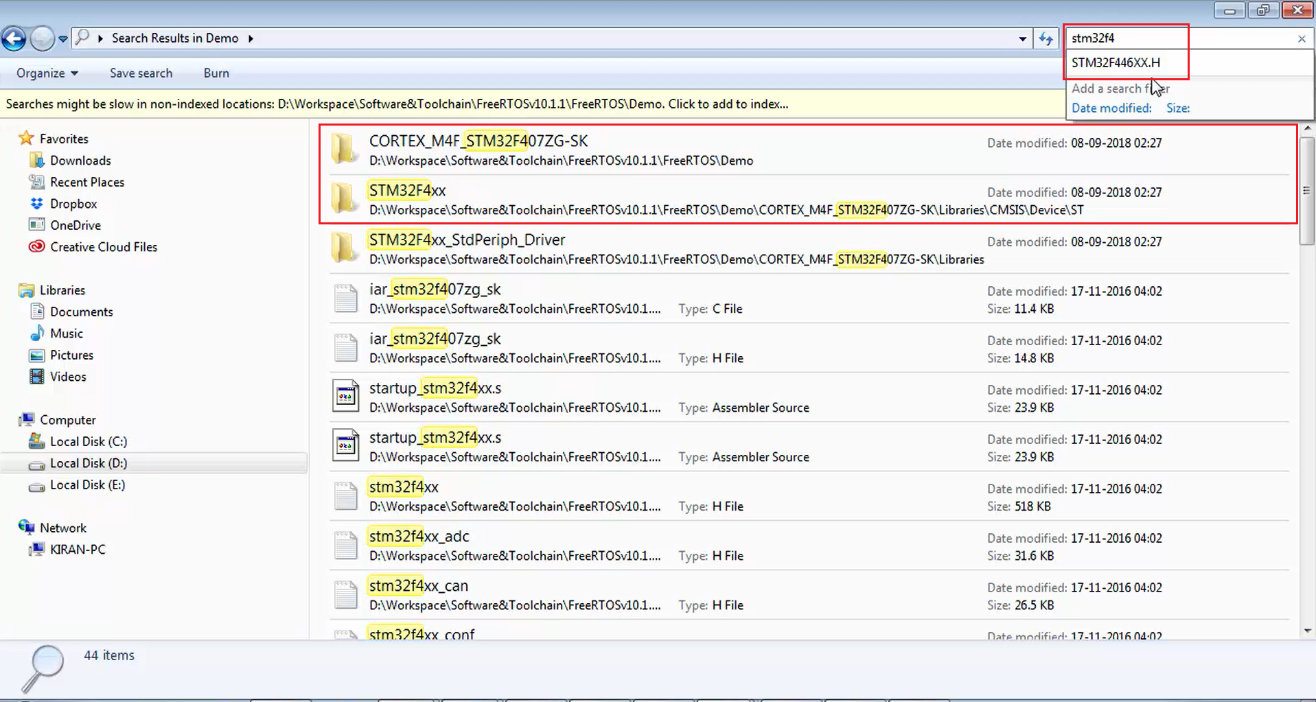 Searching for the folder that suits our microcontroller