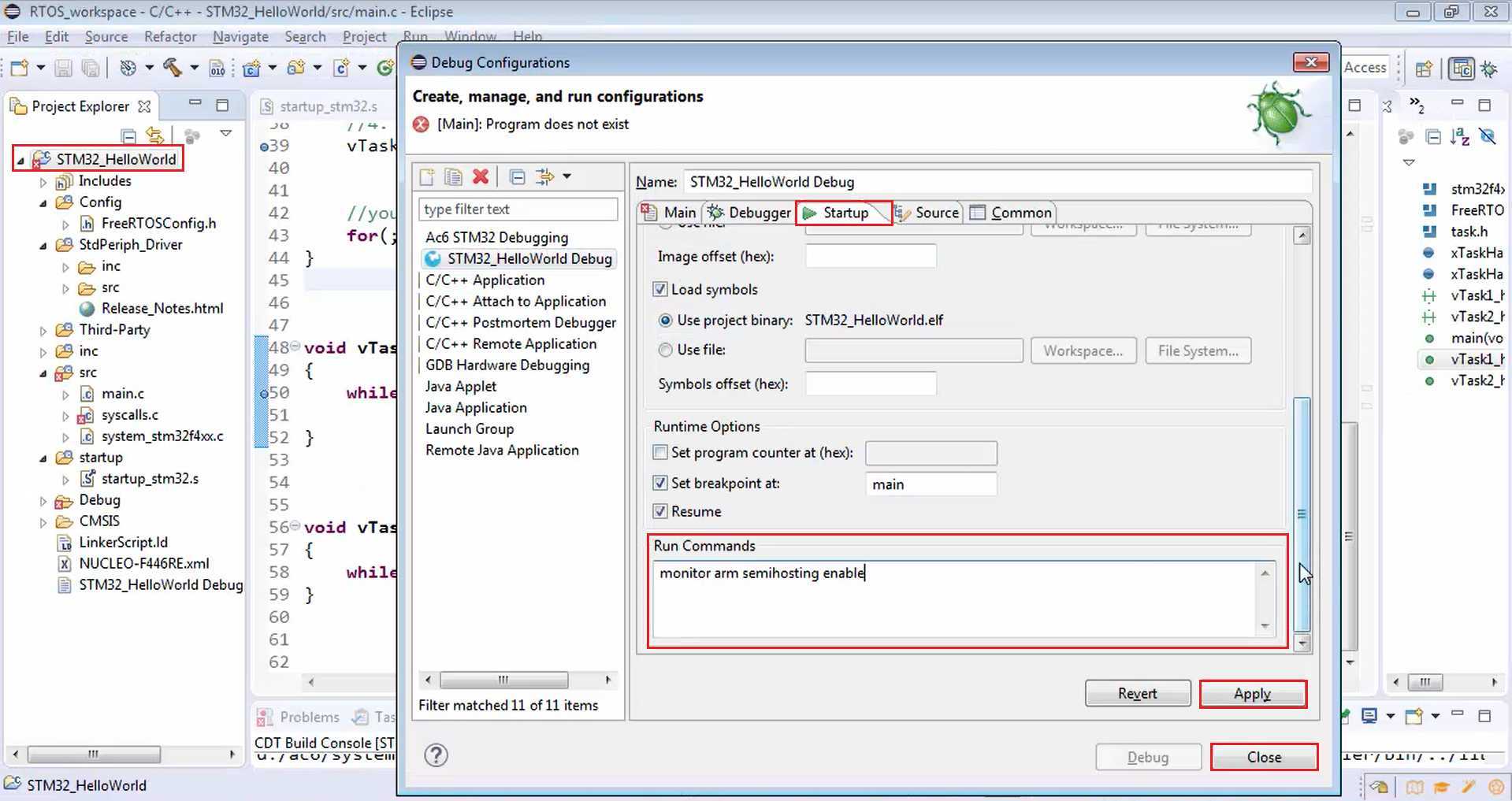 Figure 12. Running semihosting enable command in debug configurations.