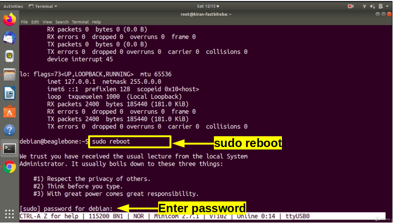 Figure 3. Execute sudo reboot and enter password.