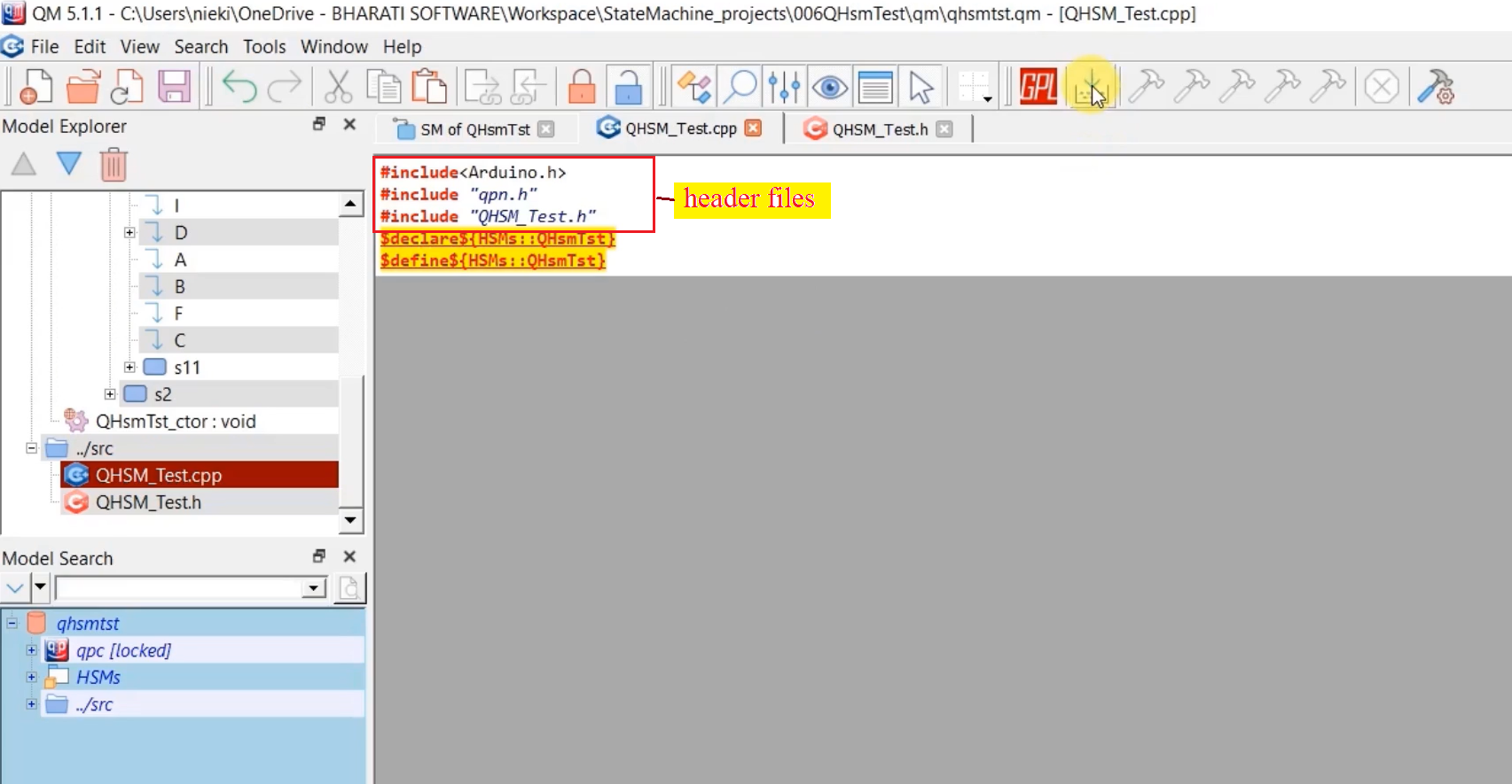 Figure 5. Adding header file to QHSM_Test.cpp file