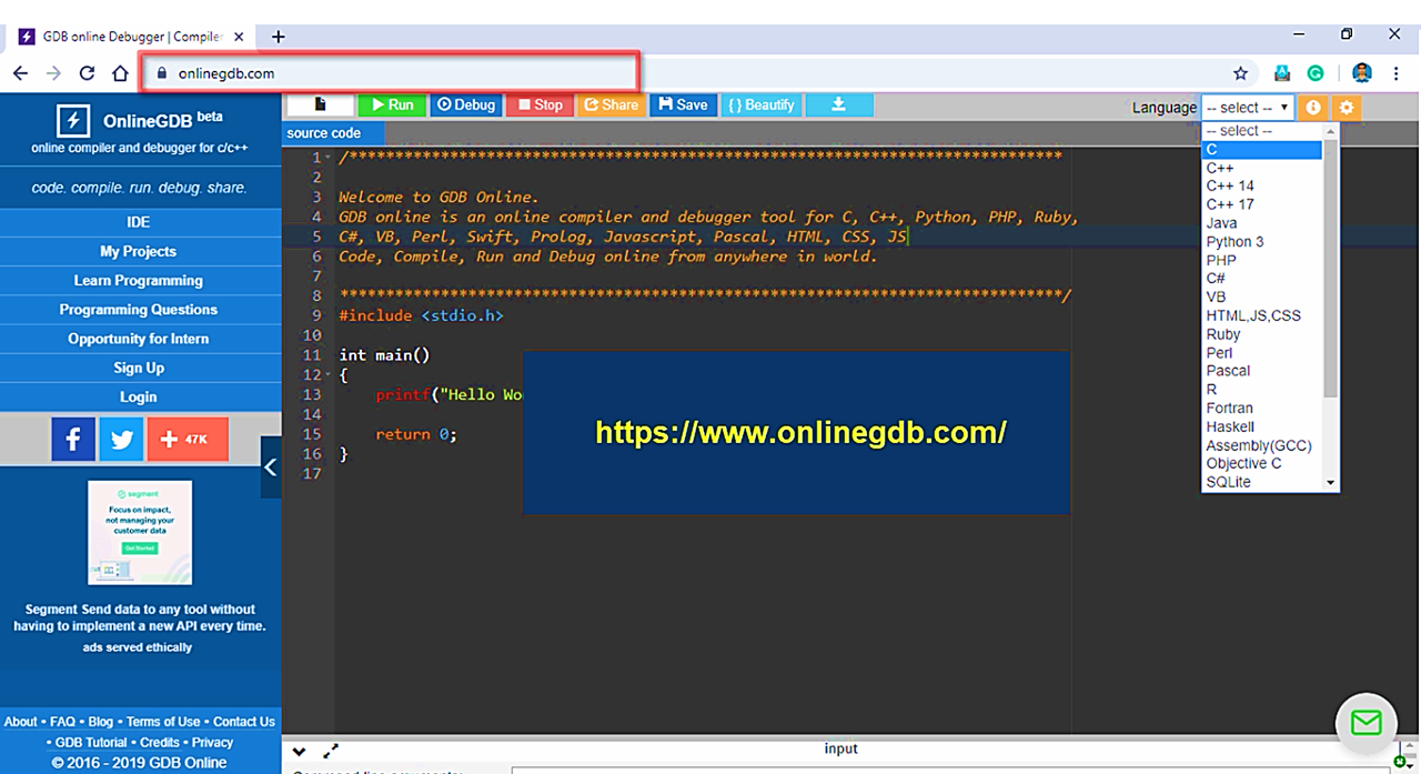 Online GDB is online ide with compiler and debugger for C/C++