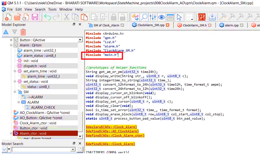  Include the main.h - alarm state machine