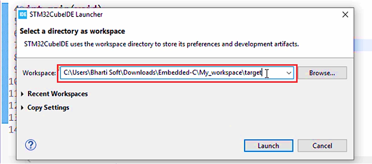 Figure 2. Select a target workspace directory