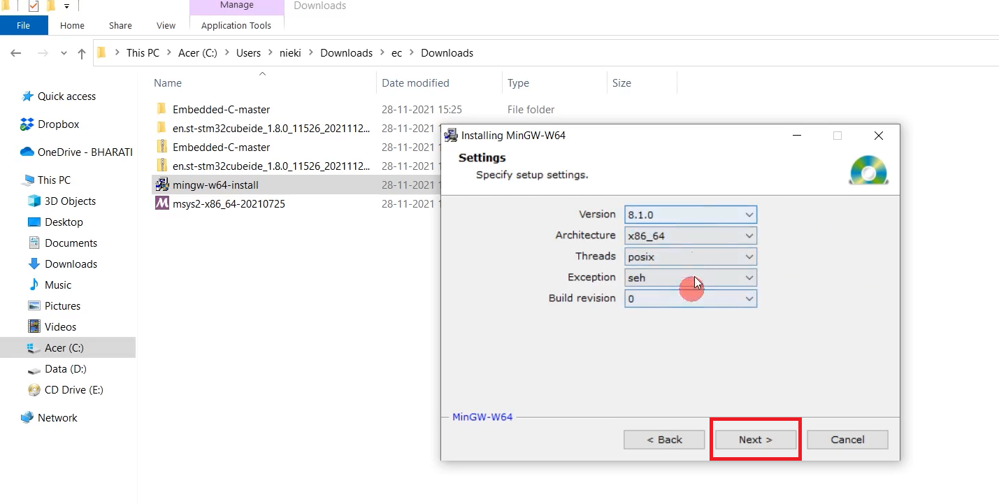 Figure 7. Mingw settings