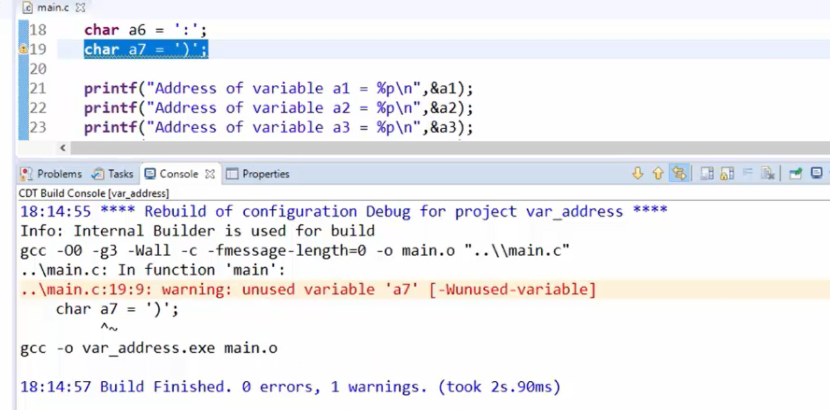 How to print the Memory location address of a variables in C?