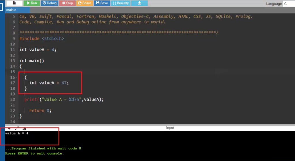 Variable Scopes in C and illustration