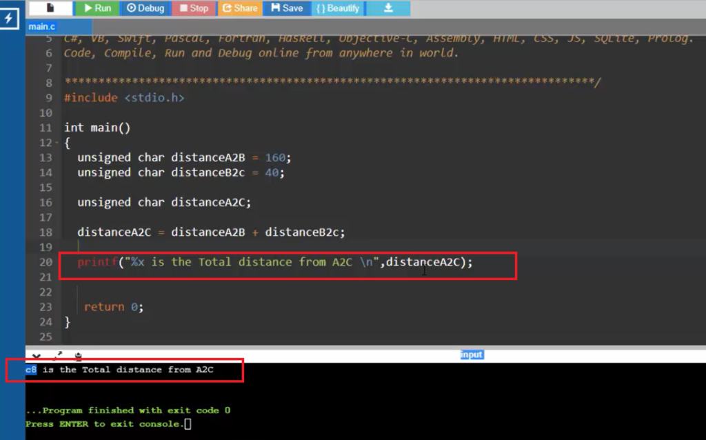 Figure 8. print the content of distanceA2C variable in the form of small hex format