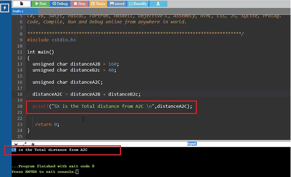 Figure 9. print the content of distanceA2C variable in the form of capital hex format