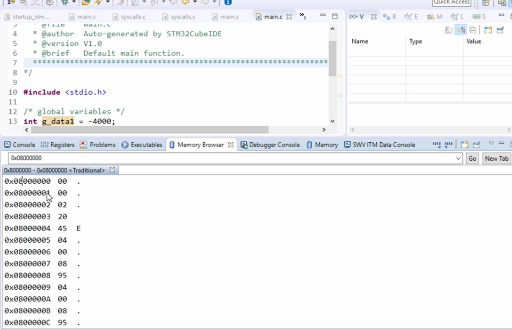 Code and Data of the program using memory browser