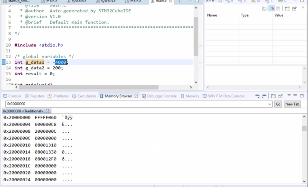 Code and Data of the program using memory browser