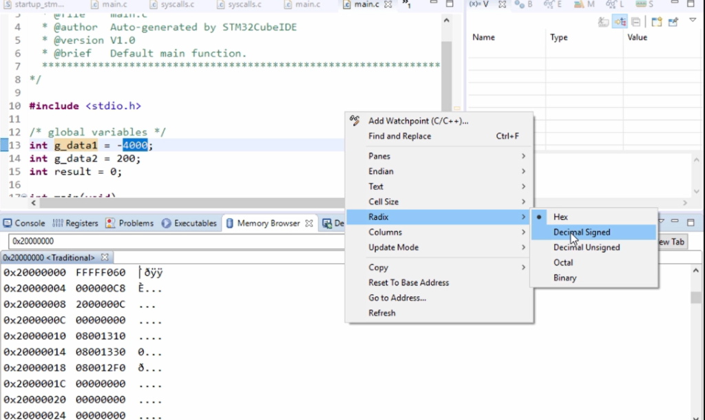 Code and Data of the program using memory browser