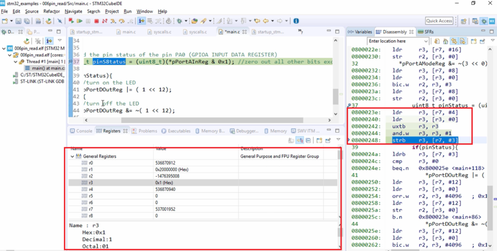 Analyzing pin read exercise disassembly with O0 and O2