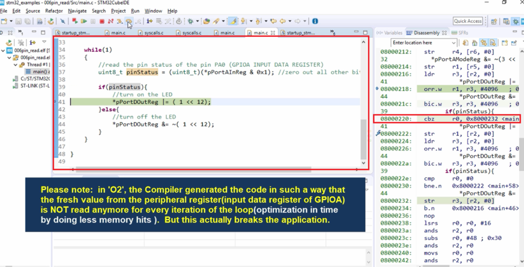 Analyzing pin read exercise disassembly with O0 and O2