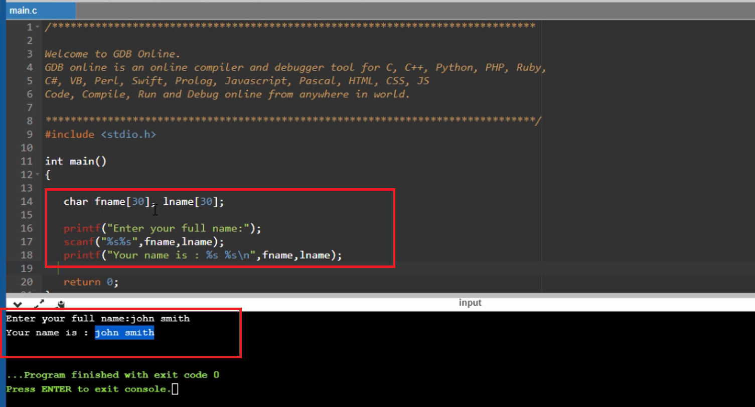 First program in C using online compiler 